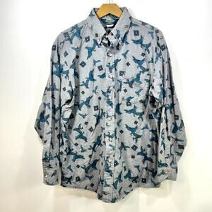 VINTAGE Oshkosh B Gosh Shirt Mens L Gray Duck Print Flannel Heavy USA 90s